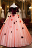 Elegant Velvet Tulle Long Formal Dress, Burgundy Off the Shoulder Sweet Flower Party Dress