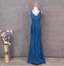 Elegant Vintage Royal Blue V-Neck Lace Long Formal Prom Dress