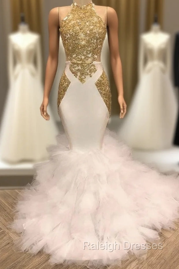 Elegant White And Gold Mermaid Prom Dress Sequins High Collar Chiffon