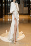 Elegant White Puffy Sleeves Prom Dresses Long With Leg Slit White Wedding Prom Dresses