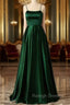 Emerald Green Prom Dresses, Strappy Back Slit Simple Satin Prom Dress