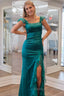 Emerald Green Square Neck Ruffle Slit Prom Dress
