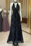 Enchanted Black A-Line Ball Gown Chiffon&Tulle Princess Halter Open Back Design For Galas & Formal Events