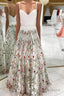White Straps Floor Length Prom Dresses Long with Lace Flowers Prom Dresses