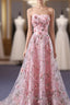 Pink Tulle 3D Flowers Long Prom Dress, Pink Evening Dress