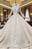 Fabulous Champagne Ball Gowns Tulle Appliues Long Sleeve Beading Wedding Dress