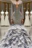 Fabulous Long Mermaid V Neck Sequined Beading Feather Tulle Prom Dresses with Sleeves