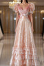 Fairy A-Line Short Sleeves Sequin Long Prom Dresses