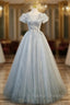 Fancy Gray Tulle Sequins Short Sleeve Beading Prom Dress