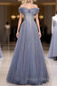 Fantasy Dusty Blue Bling Tulle Prom Dress Off Shoulder With Bling