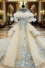 Fashion Champagne Ball Gowns Tulle Appliques Short Sleeve Wedding Dress With Long Train