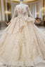 Fashion Champagne Ball Gowns Tulle Sequins Long Sleeve Appliques Wedding Dress