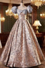 Fashion Floor-Length Printing Prom Dresses, A-Line Short Sleeve Backless Evening Formal Dresses