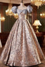 Fashion Floor-Length Printing Prom Dress A-Line Short Sleeve Backless Prom Dress