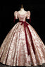 Fashion Floor-Length Printing Prom Dress Square Neckline Short Sleeve Backless Bow Sash Prom Dress