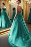 Fashion Green Lace Appliques Open Back Tulle Long Prom Dress Green Lace Prom Dress Green Prom Dress