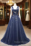Fashion Navy Blue Tulle Sequins V-neck Prom Dress