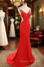 Fashion V Neck Mermaid Satin Lace Beaded Red Long Prom Dresses