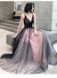 Fashionable Pink And Black Tulle V-Neckline Prom Dresses Pink Lace Applique Prom Gowns