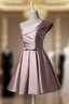 Fashionable Pink Knee Length Satin Short Prom Dress, One Shoulder Bridesmaid Dress