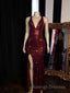 Long Mermaid Burgundy Sequin Prom Dress Glitter Split Prom Gown