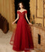 Burgundy tulle lace long prom dress A Line Prom dress