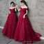 Burgundy tulle beads long prom dress A line evening dress