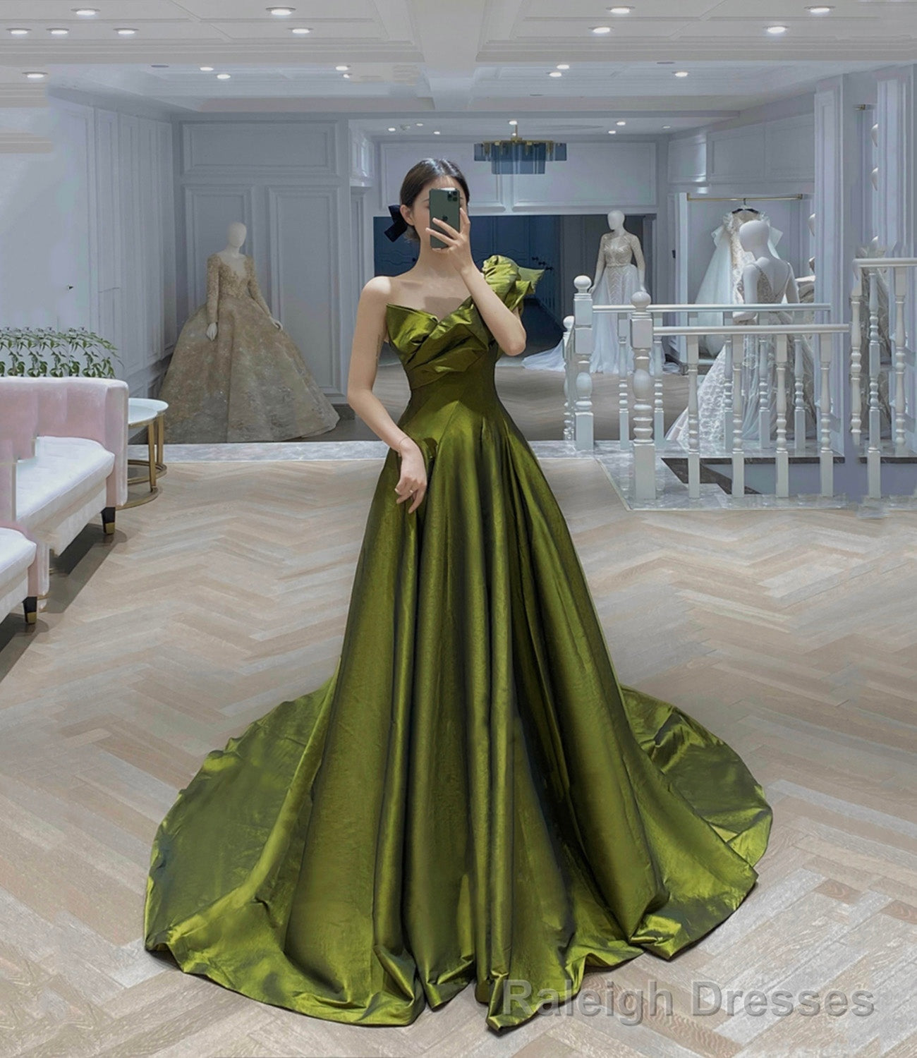 Green satin long prom dress A line evening dress – Raleigh Dresses