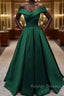 Off Shoulder Emerald Green Long Satin Prom Dress