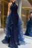 Navy Blue Sequins Long Prom Dresses