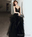 Black v neck lace long prom dress A line Prom dress