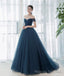 Elegant Tulle Long A-Line Prom Dress, Blue Off the Shoulder Evening Party Dress