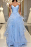 Blue sleeveless prom Dresses applique spaghetti-straps V Neck Prom Dresses tulle lace ruffles Prom Dresses