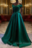 Satin Emerald Green Pleated A-Line Off-shoulder Prom Dresses