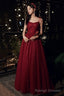 Burgundy tulle sequins long prom dress evening dress