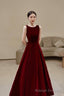 Burgundy velvet long A line prom dress with bow