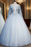 Find Your Dress For Prom! Sky Blue Ball Gown Tulle Appliques 3/4 Sleeve Quinceanera Dress
