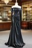 Fit Your Body Type Black Mermaid Satin Off the Shoulder Long Sleeve Beading With Removable Sleeve