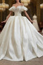 Fit Your Fashion Sense Ivory White Ball Gown Satin Puff Sleeve Beading Backless Wedding Dress