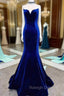 Fitted Mermaid Royal Blue Velvet Prom Dress With Bow