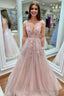 Floral Lace Plunge V Backless A Line Prom Gowns