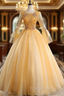 For Your Big Night Gold Ball Gown Tulle Long Sleeve Beading Quinceanera Dress