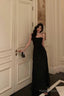 French A-Line Spaghetti Straps Black Long Lace Prom Dress Birthday Outfits Prom Gowns