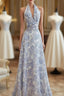 French Halter V Neck Print Floral Long Prom Dress Chiffon Evening Dress