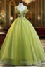 Fresh Green Tulle V Neck Long Lace Up Senior Prom Dress With Applique