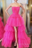 Fuchsia A-line High Low Strapless Tulle Prom Dress with Ruffles