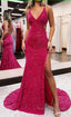 Fuchsia Sparkly Sequins Mermaid Open Back Long Prom Dress with Slit Formal Prom Dresses