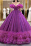 Fuchsia Tulle Off the Shoulder Pearls Prom Dress