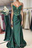 Mermaid Emerald Green Straps Ruched Prom Dress with Slit