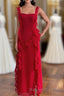 Square Neck Red Ruffle Chiffon Long Party Dress